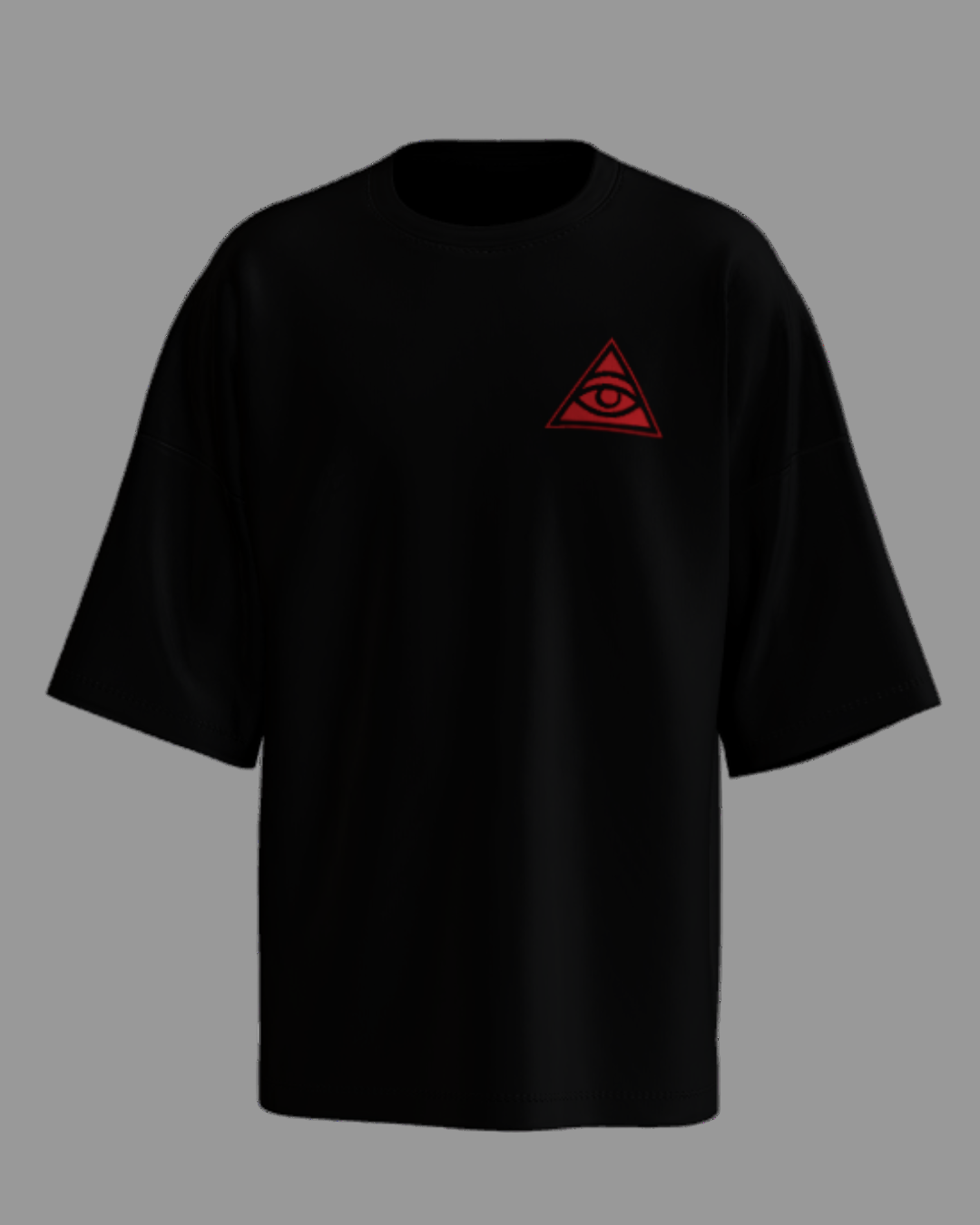 Black t-shirt with a red triangle logo featuring an eye on a white background