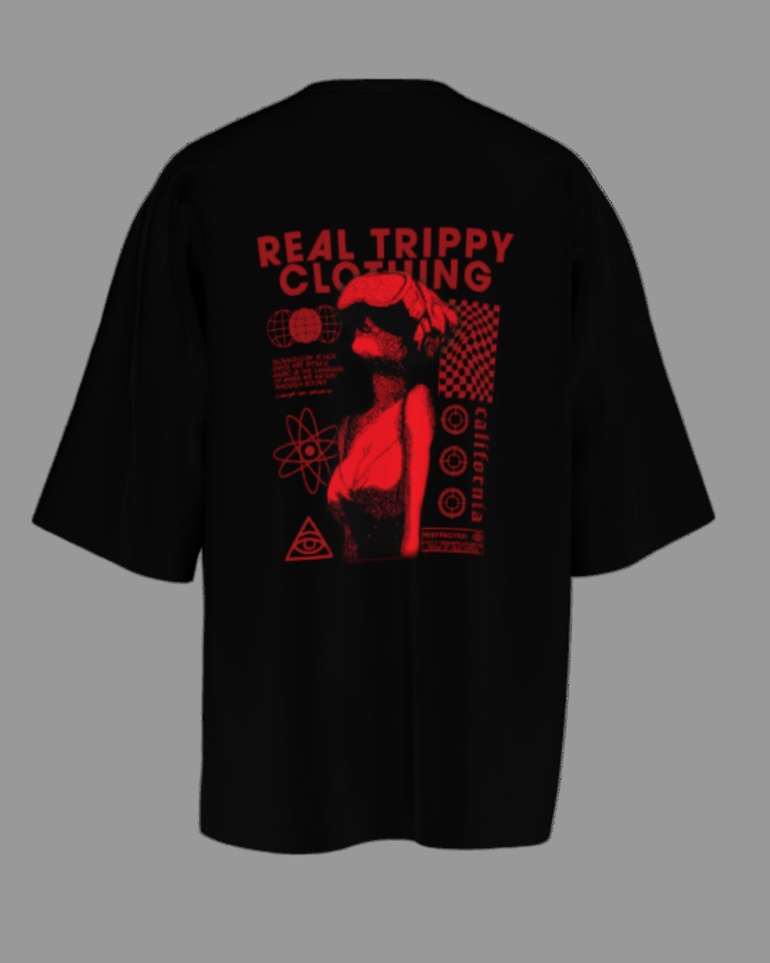 Black t-shirt with red graphic design and text on a white background